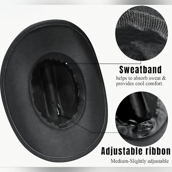 ☔️🩵Black & Rhinestone Band Wide Brim Cowgirl Hat Medium - Picture 15 of 15